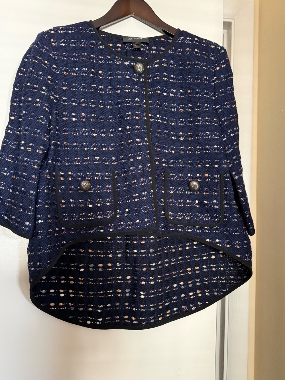 ST. John SZ 10 Blue Tweed Jacket High Low Hem Black Trim Decorative Buttons Wool